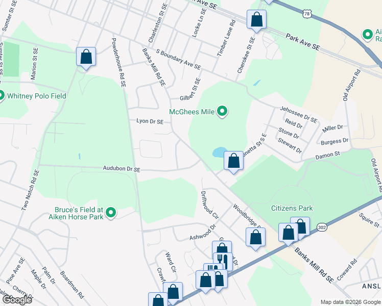 map of restaurants, bars, coffee shops, grocery stores, and more near 723 Banks Mill Road Southeast in Aiken