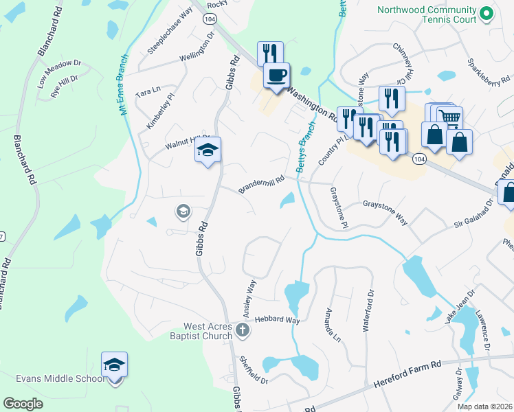 map of restaurants, bars, coffee shops, grocery stores, and more near 4587 Bedford Drive in Evans