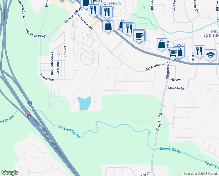 map of restaurants, bars, coffee shops, grocery stores, and more near 246 Northbridge Drive in Stockbridge