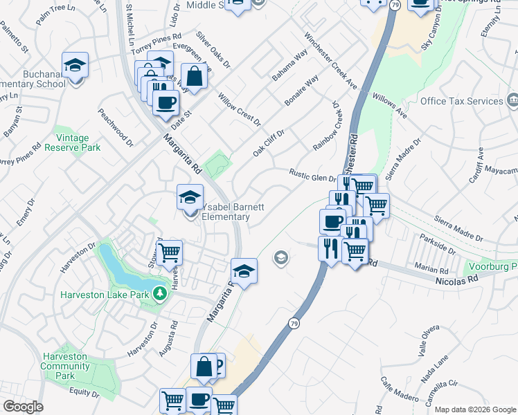 map of restaurants, bars, coffee shops, grocery stores, and more near 39818 Creative Drive in Temecula