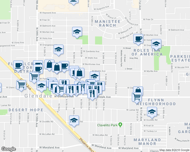 map of restaurants, bars, coffee shops, grocery stores, and more near 5438 West Palmaire Avenue in Glendale