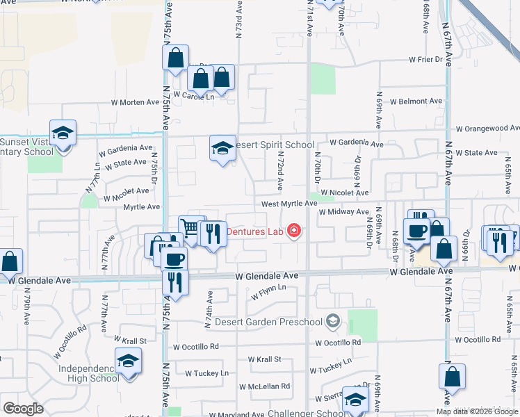 map of restaurants, bars, coffee shops, grocery stores, and more near 7260 West Midway Avenue in Glendale
