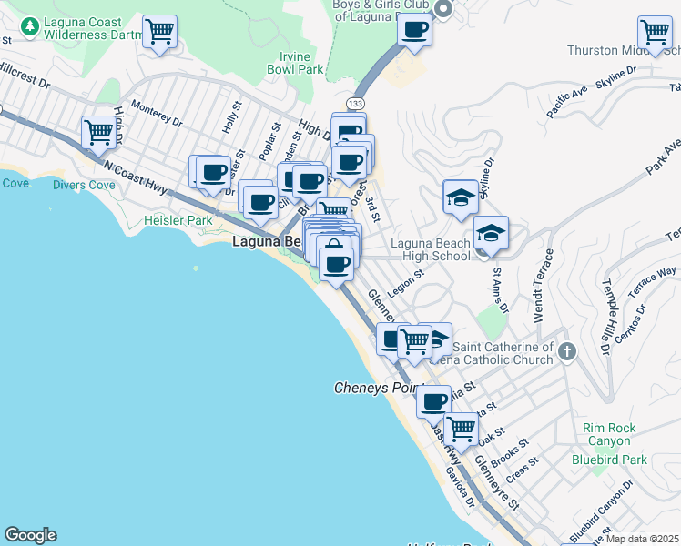map of restaurants, bars, coffee shops, grocery stores, and more near 202 Park Avenue in Laguna Beach