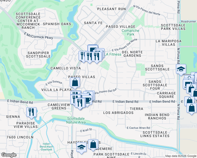 map of restaurants, bars, coffee shops, grocery stores, and more near 7142 North Vía De Amigos in Scottsdale