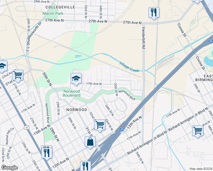 map of restaurants, bars, coffee shops, grocery stores, and more near 3409 17th Avenue North in Birmingham