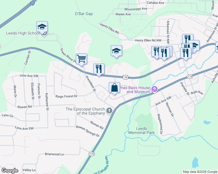 map of restaurants, bars, coffee shops, grocery stores, and more near 1215 Wilson Circle in Leeds