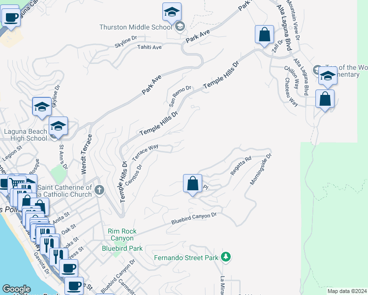 map of restaurants, bars, coffee shops, grocery stores, and more near 1477 Cerritos Drive in Laguna Beach