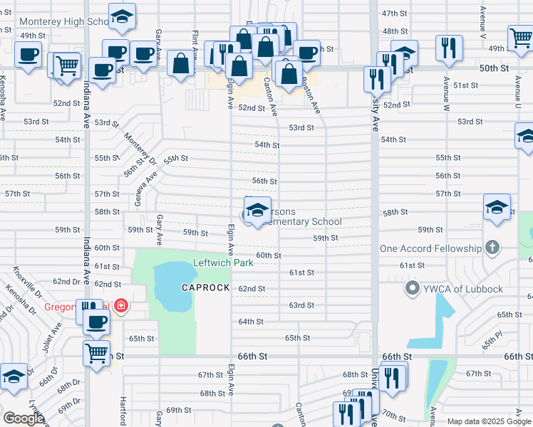 map of restaurants, bars, coffee shops, grocery stores, and more near 2808 58th St in Lubbock