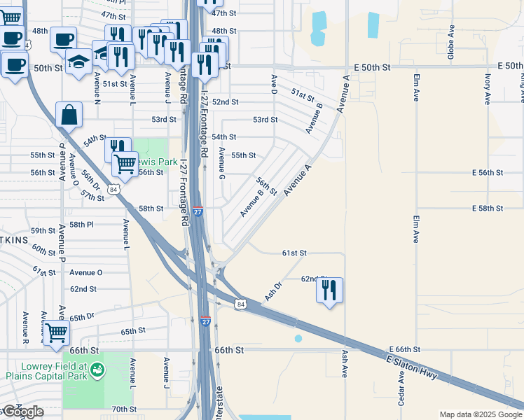 map of restaurants, bars, coffee shops, grocery stores, and more near 5614 Avenue A in Lubbock