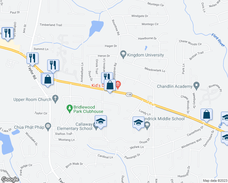 map of restaurants, bars, coffee shops, grocery stores, and more near 0 Georgia 138 in Riverdale