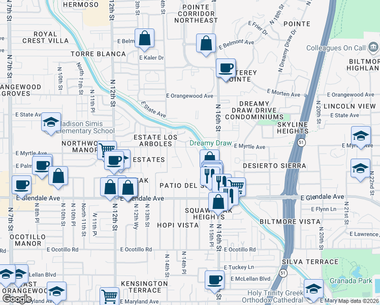 map of restaurants, bars, coffee shops, grocery stores, and more near 7145 North 15th Street in Phoenix