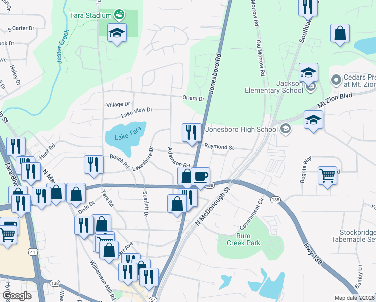 map of restaurants, bars, coffee shops, grocery stores, and more near 1218 Lake Drive in Jonesboro