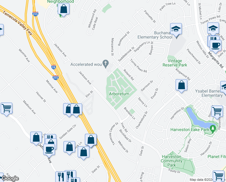map of restaurants, bars, coffee shops, grocery stores, and more near 26367 Arboretum Way in Murrieta