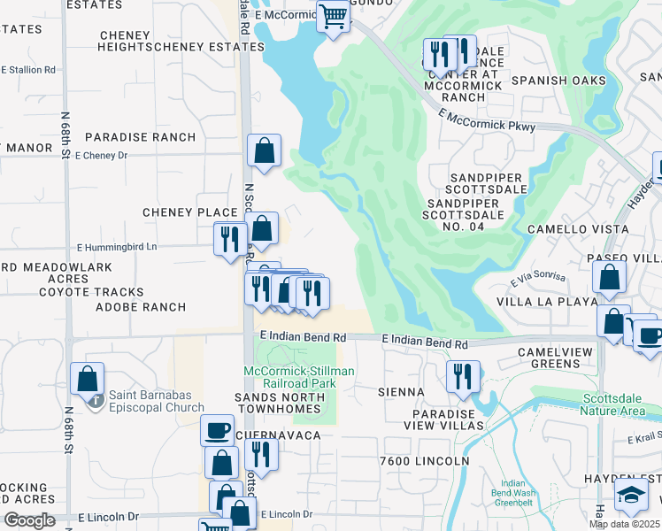 map of restaurants, bars, coffee shops, grocery stores, and more near Unnamed Road in Scottsdale