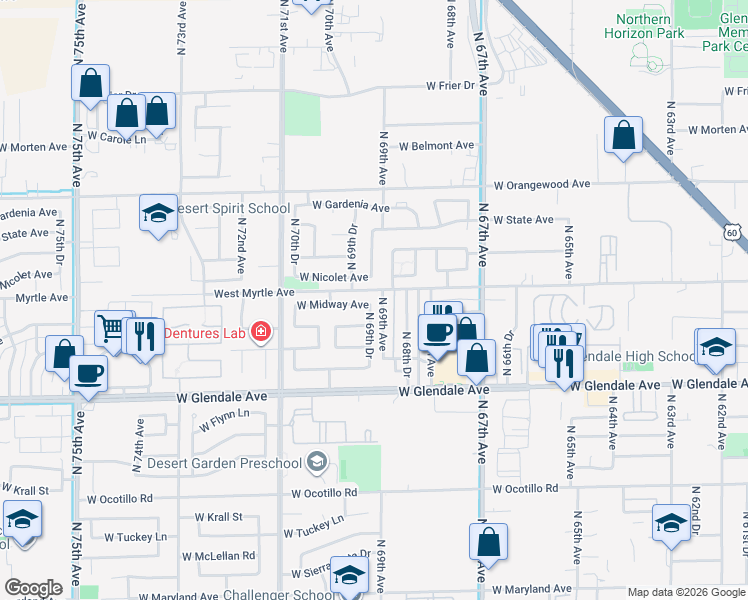 map of restaurants, bars, coffee shops, grocery stores, and more near 6954 West Midway Avenue in Glendale