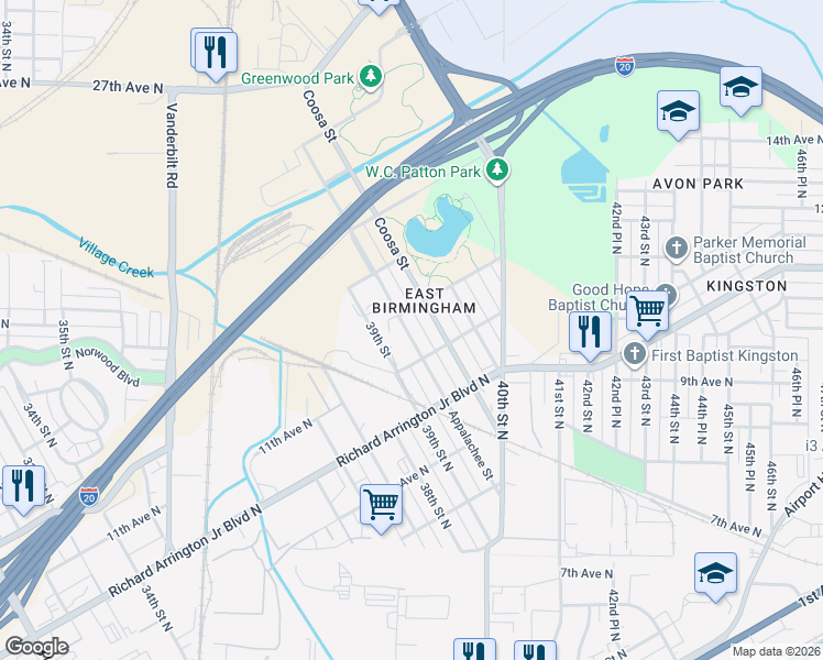 map of restaurants, bars, coffee shops, grocery stores, and more near 1123 Appalachee Street in Birmingham