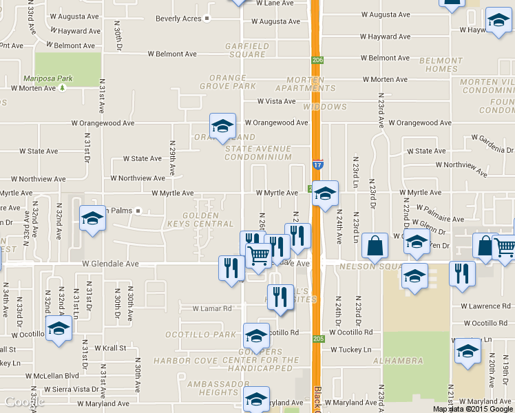 map of restaurants, bars, coffee shops, grocery stores, and more near 7134 North 26th Drive in Phoenix