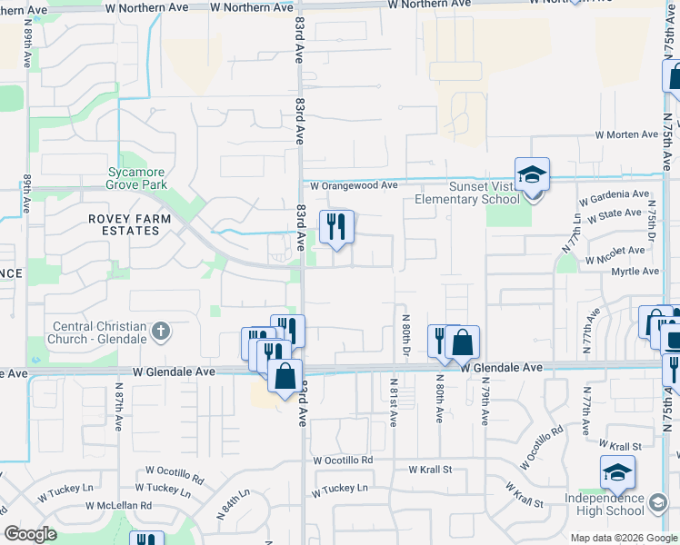 map of restaurants, bars, coffee shops, grocery stores, and more near 8219 W Nicolet Ave in Glendale