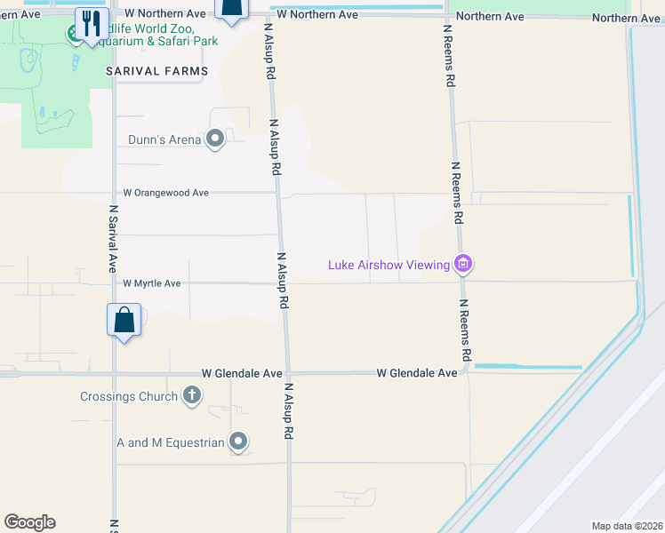map of restaurants, bars, coffee shops, grocery stores, and more near 15744 West Myrtle Avenue in Litchfield Park