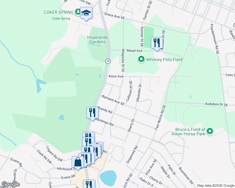 map of restaurants, bars, coffee shops, grocery stores, and more near 925 Magnolia Street Southeast in Aiken