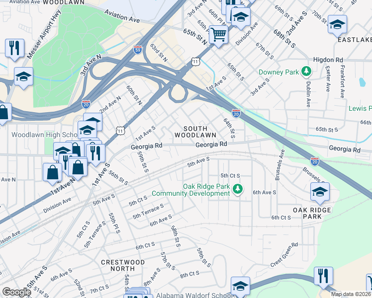 map of restaurants, bars, coffee shops, grocery stores, and more near 6017 Georgia Road in Birmingham