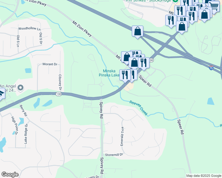 map of restaurants, bars, coffee shops, grocery stores, and more near 1028 Georgia 138 in Stockbridge