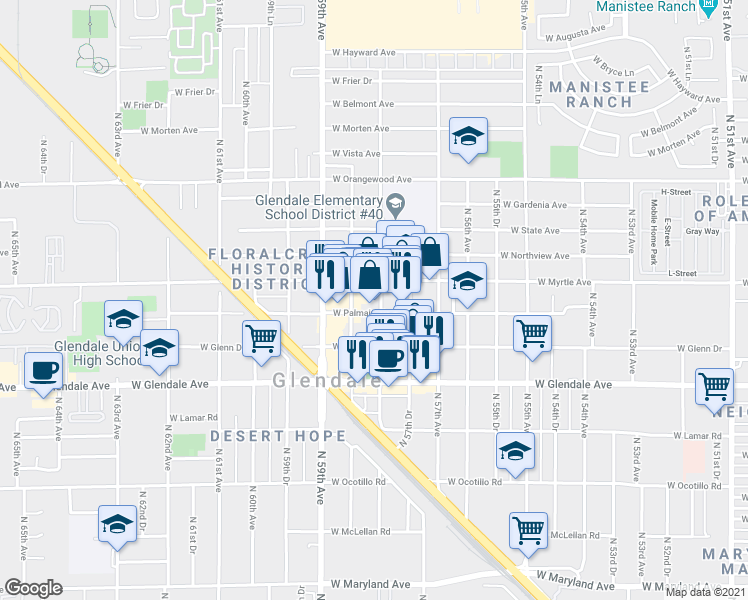 map of restaurants, bars, coffee shops, grocery stores, and more near 7146 North 58th Avenue in Glendale