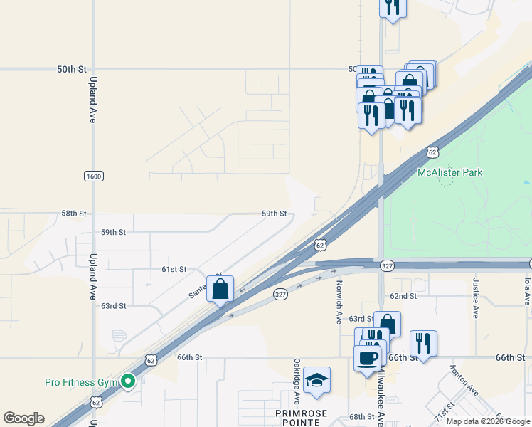 map of restaurants, bars, coffee shops, grocery stores, and more near 6874 59th Street in Lubbock