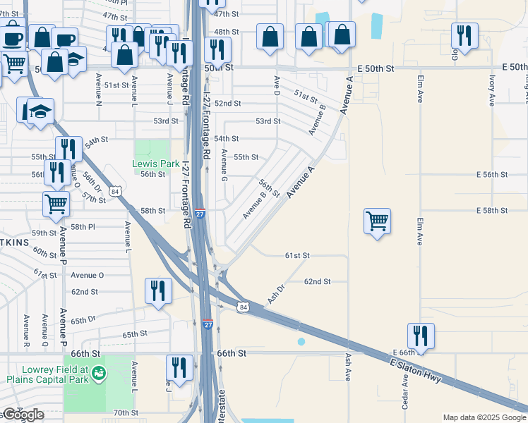 map of restaurants, bars, coffee shops, grocery stores, and more near 5614 Avenue A in Lubbock