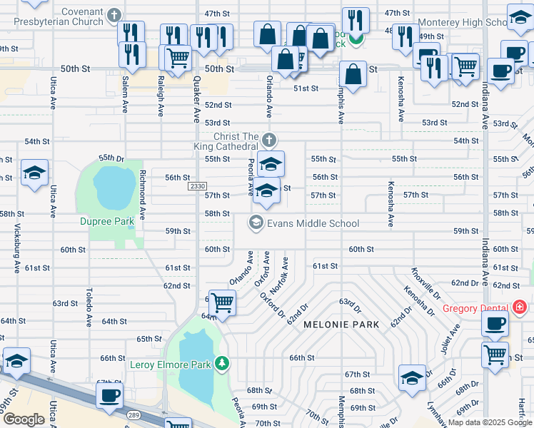 map of restaurants, bars, coffee shops, grocery stores, and more near 4211 58th Street in Lubbock