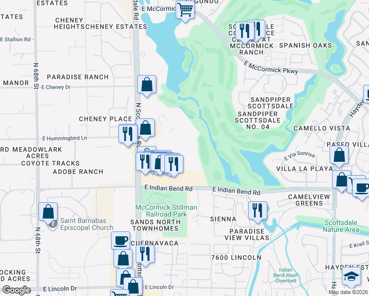 map of restaurants, bars, coffee shops, grocery stores, and more near Unnamed Road in Scottsdale