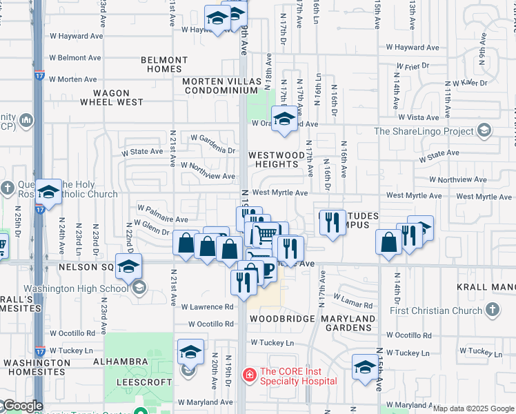 map of restaurants, bars, coffee shops, grocery stores, and more near 1813 West Myrtle Avenue in Phoenix