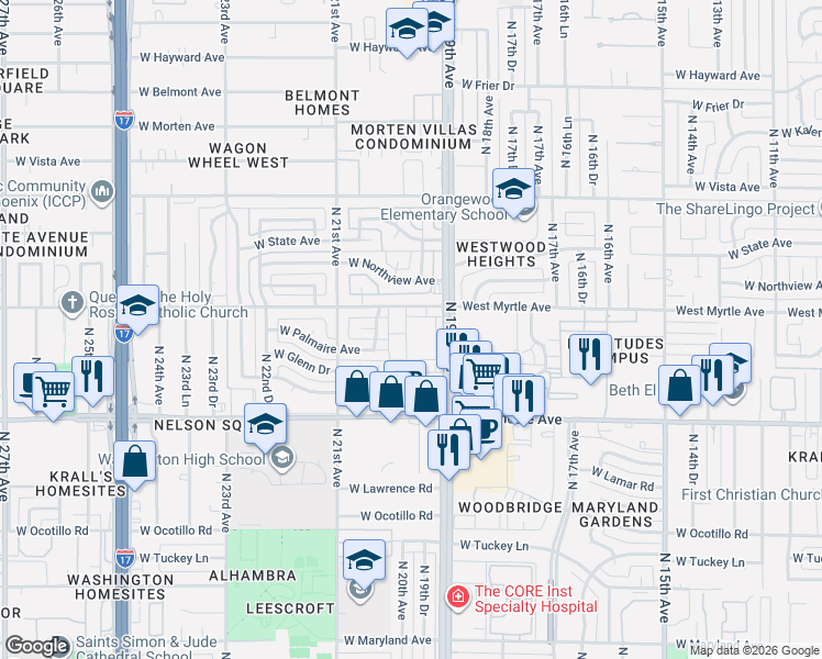 map of restaurants, bars, coffee shops, grocery stores, and more near 7026 North 19th Avenue in Phoenix