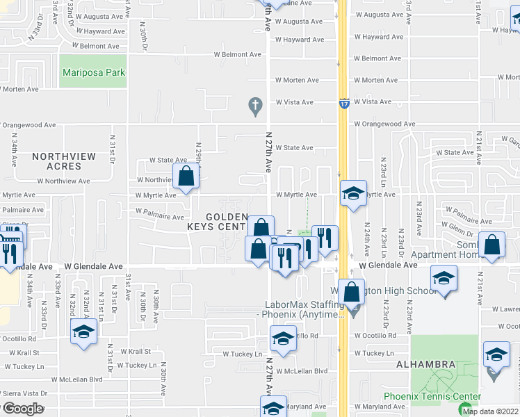 map of restaurants, bars, coffee shops, grocery stores, and more near 7130 North 27th Avenue in Phoenix
