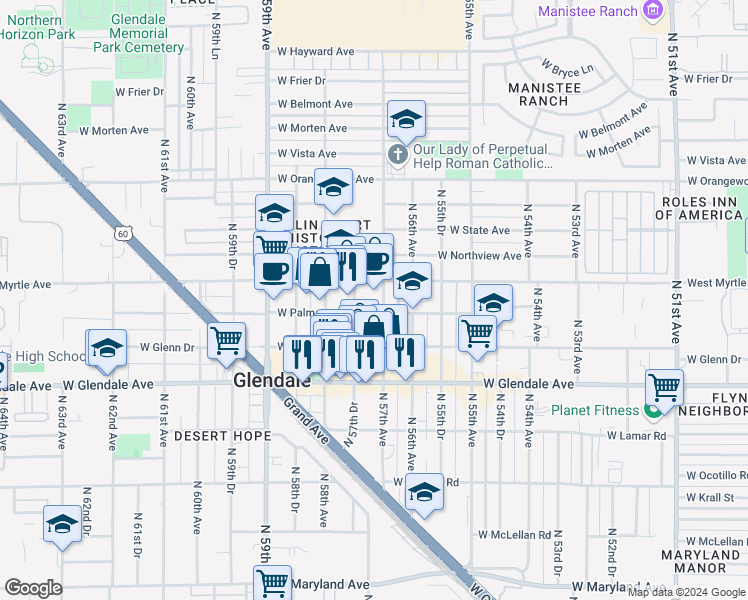 map of restaurants, bars, coffee shops, grocery stores, and more near 7145 North 57th Drive in Glendale