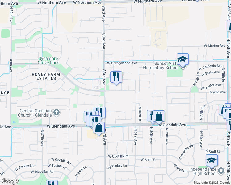 map of restaurants, bars, coffee shops, grocery stores, and more near 8219 West Nicolet Avenue in Glendale