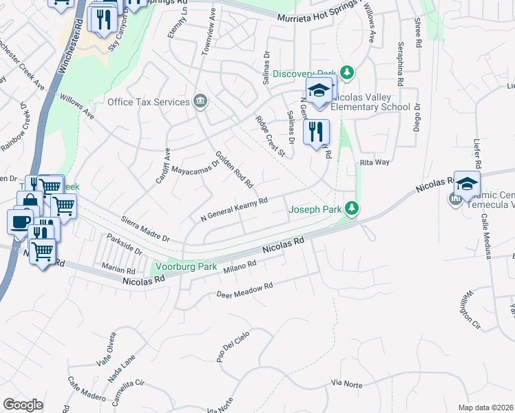 map of restaurants, bars, coffee shops, grocery stores, and more near 39834 North General Kearny Road in Temecula