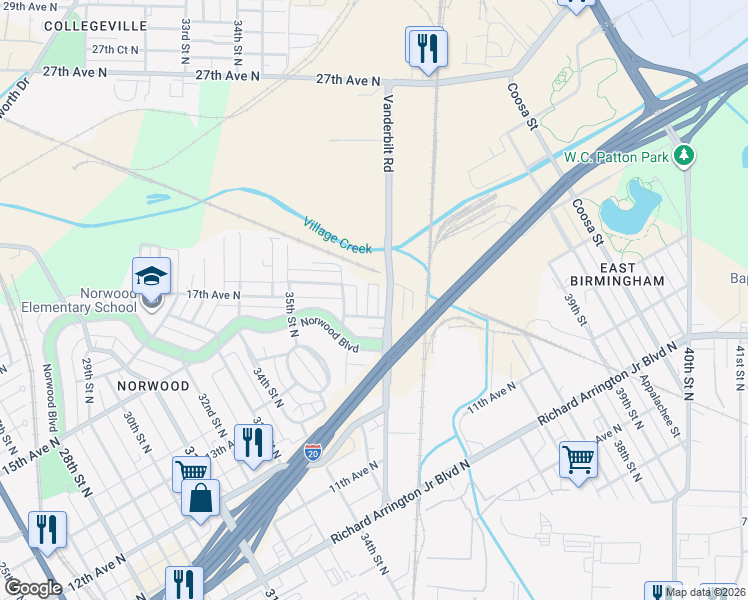 map of restaurants, bars, coffee shops, grocery stores, and more near 1516 36th Place North in Birmingham
