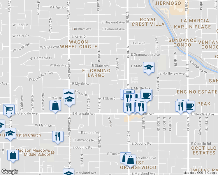 map of restaurants, bars, coffee shops, grocery stores, and more near 333 East Pomona Road in Phoenix
