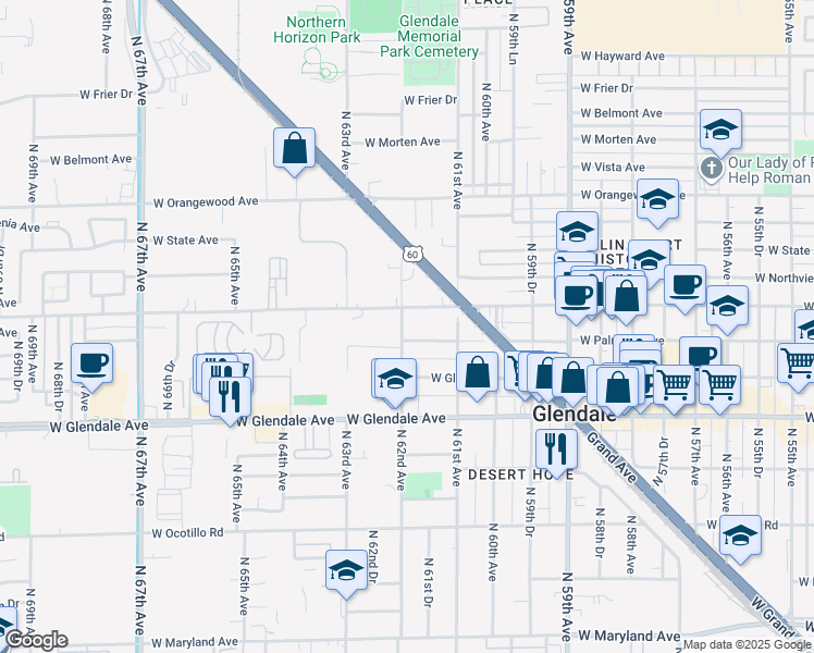 map of restaurants, bars, coffee shops, grocery stores, and more near 7153 North 62nd Avenue in Glendale