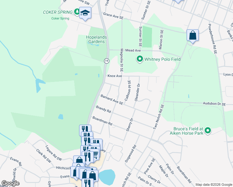 map of restaurants, bars, coffee shops, grocery stores, and more near 925 Magnolia Street Southeast in Aiken