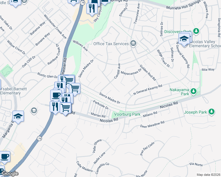 map of restaurants, bars, coffee shops, grocery stores, and more near 39253 Cayman Court in Murrieta