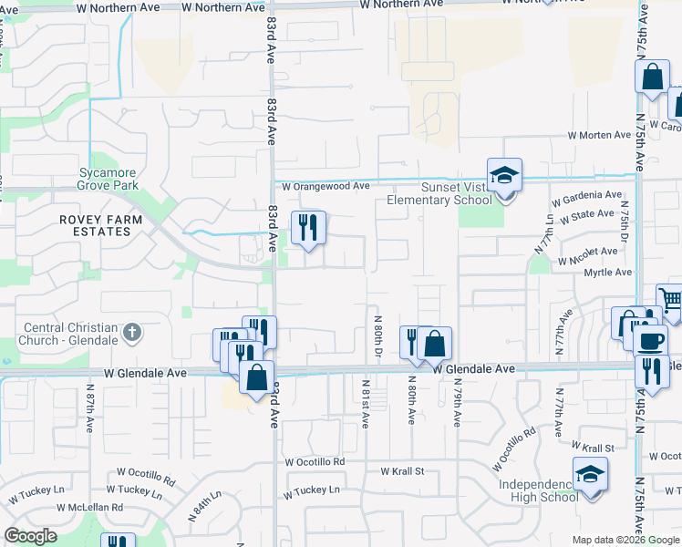 map of restaurants, bars, coffee shops, grocery stores, and more near 8153 West Nicolet Avenue in Glendale
