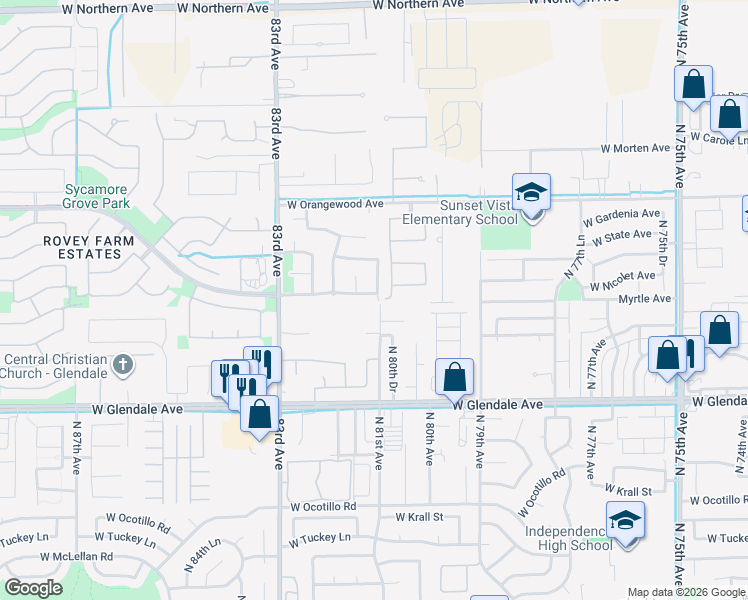 map of restaurants, bars, coffee shops, grocery stores, and more near 8109 West Nicolet Avenue in Glendale