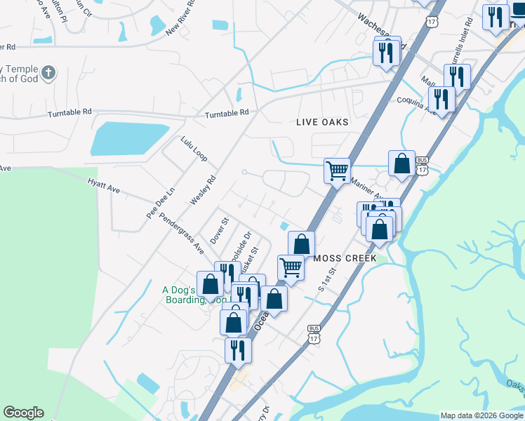 map of restaurants, bars, coffee shops, grocery stores, and more near 831 Rusty Anchor Court in Murrells Inlet