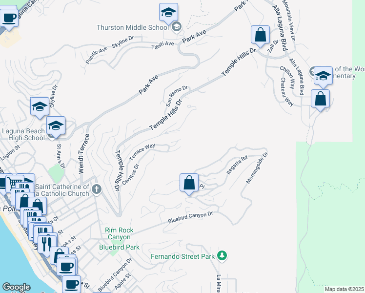 map of restaurants, bars, coffee shops, grocery stores, and more near 1477 Cerritos Drive in Laguna Beach