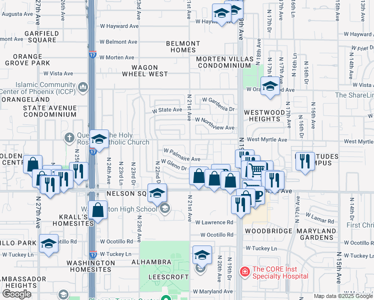 map of restaurants, bars, coffee shops, grocery stores, and more near 7126 North 21st Avenue in Phoenix