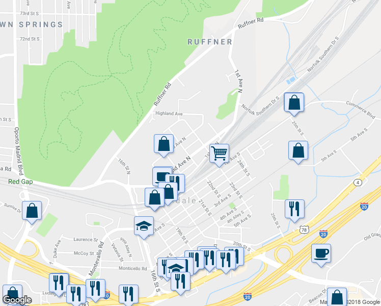 map of restaurants, bars, coffee shops, grocery stores, and more near 2200 2nd Avenue North in Irondale