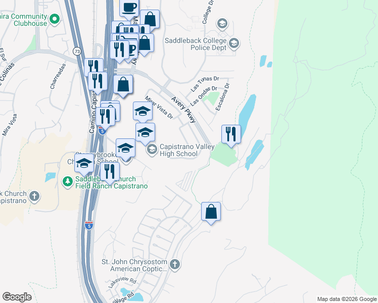map of restaurants, bars, coffee shops, grocery stores, and more near 26582 Oso Rojo in Mission Viejo