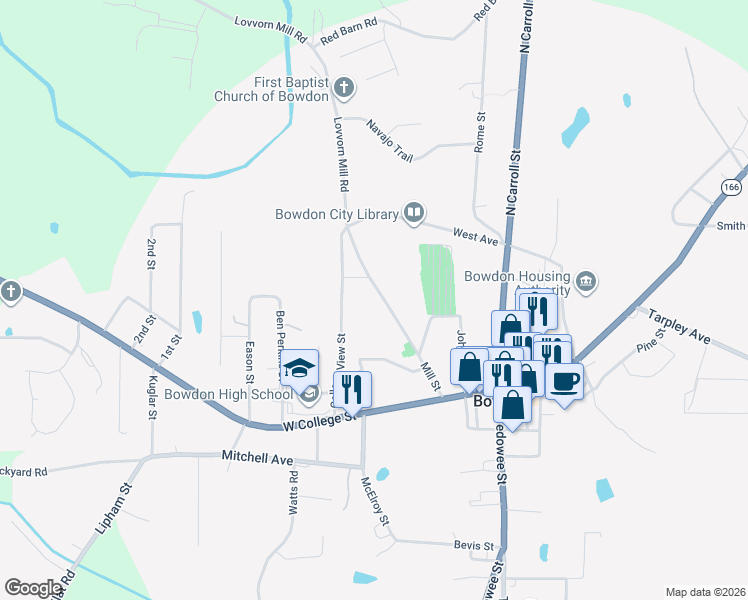 map of restaurants, bars, coffee shops, grocery stores, and more near 239 Mill St in Bowdon